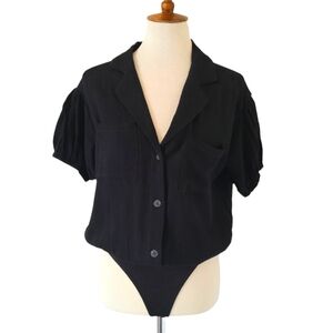 Bloomingdale's FORE Black Linen Blend Short Balloon Sleeve Bodysuit Top
